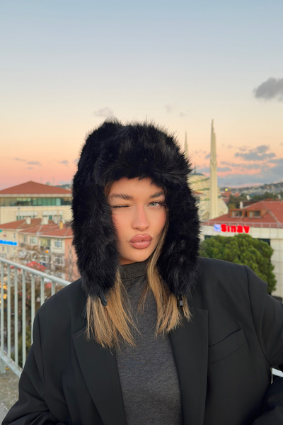 Mollycrush Luxury Kadın Uzun Tüylü Suni Kürklü Peluş Tüylü Pilot Şapka