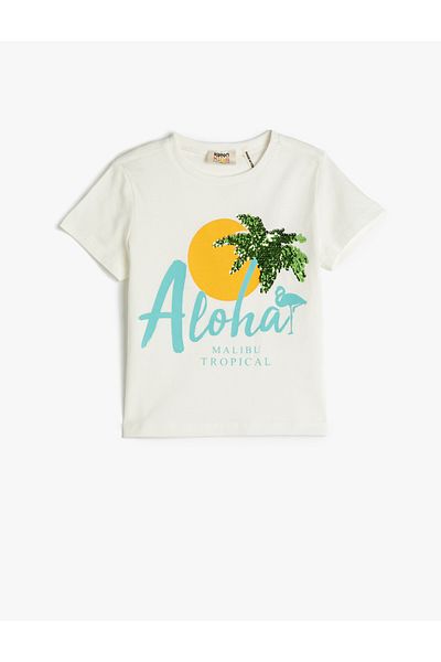 Koton T-Shirt Short Sleeve Crew Neck Sequined Cotton
