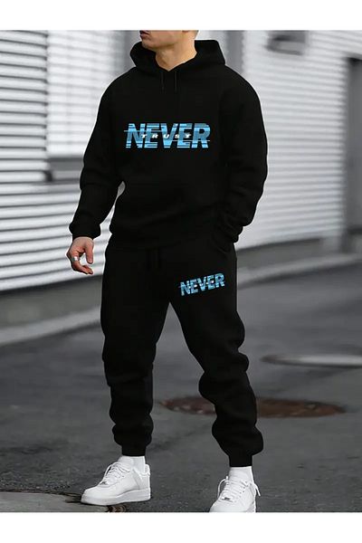 Hunors Sportswear & Company Μαύρο ανδρικό Oversize Basic Hooded Elastic Never Trust Σετ βαμβακερής φόρμας με στάμπα