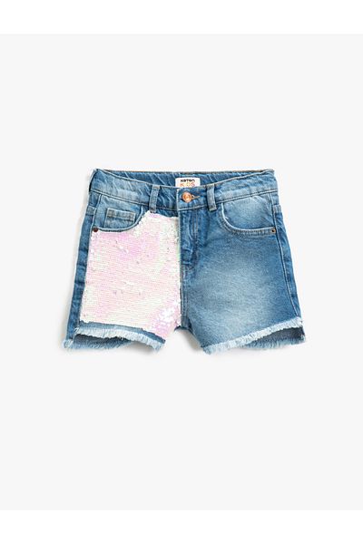 Koton Mit Pailletten und Pailletten bestickte Jeansshorts mit Taschen, Quasten an den Beinen und verstellbarem elastischem Bund