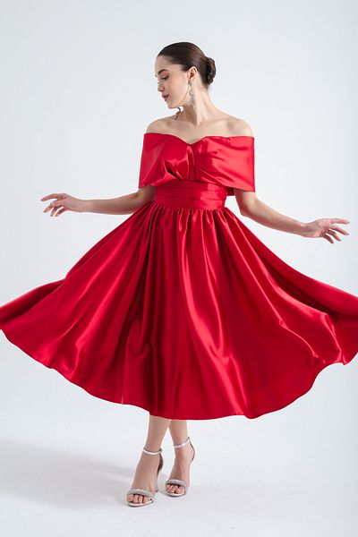 Lafaba Rotes ausgestelltes Midi-Abendkleid aus Satin mit U-Boot-Ausschnitt für Damen