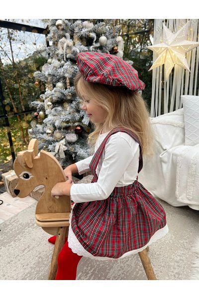 inMini Girl's 3-Piece Red Plaid Hat Dress Basic T-Shirt