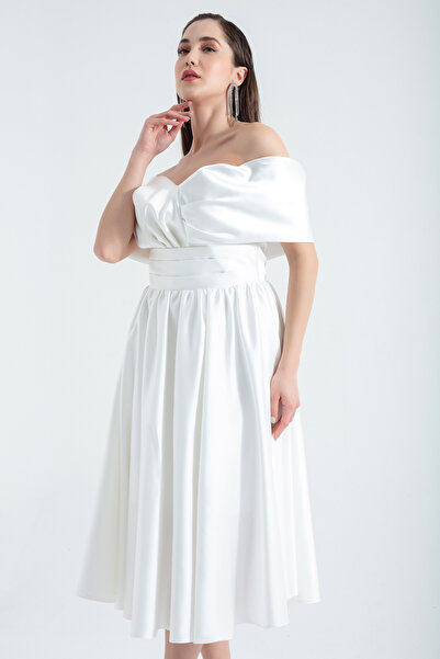 Lafaba Dámské bílé večerní šaty midi saténové s lodičkovým výstřihem