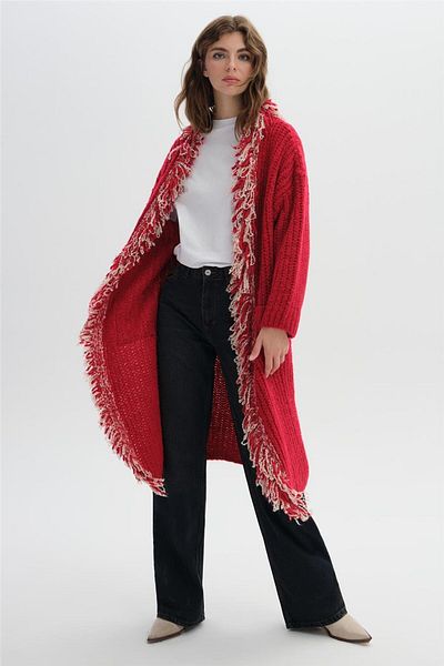 SHERIN Red Long Tasseled Sweater Cardigan