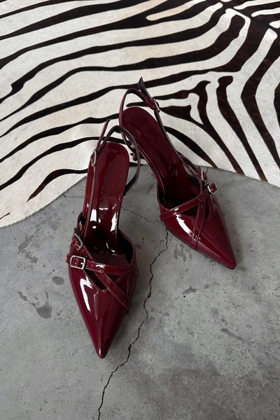 DRK FASHİON Women's Burgundy Patent Leather Buckle Detailed Thin Heeled Stiletto Shoes Nope