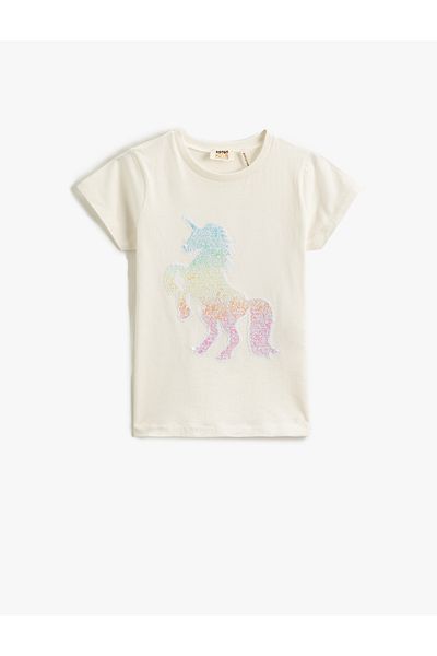 Koton Vyšívané triko s flitry Unicorn s krátkým rukávem a výstřihem