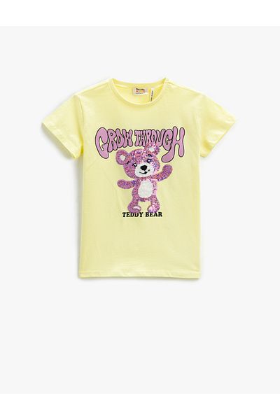 Koton Teddy Bear Printed Sequined Short Sleeve T-Shirt
