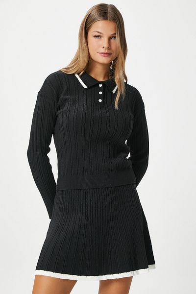 Ritnice Women's Mia Polo Neck Black Stripe Sweater Skirt Knitwear Bottom Top Set
