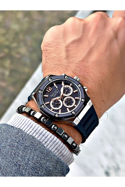 Ferrucci Navy Blue Color Silicone Sports Men's Wrist Watch + Bracelet with Gift