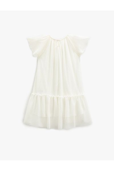 Koton Midi Dress Tulle Lined Butterfly Sleeve Ruffle Crew Neck