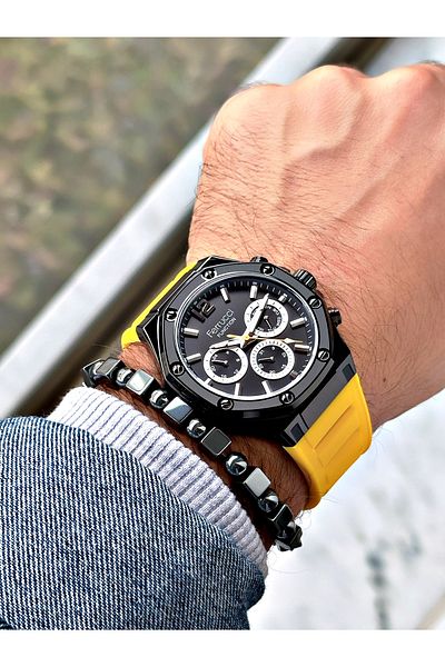 Ferrucci Yellow Color Silicone Sports Men's Wrist Watch + Bracelet with Gift