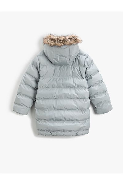 Koton Long Puffer Jacket Faux Fur Detailed Hooded Zippered Pocket