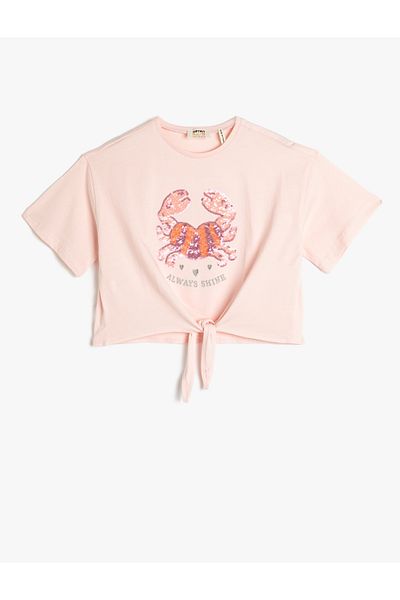 Koton Cotton Crab Embroidery Detailed Short Sleeve T-Shirt - Front Tie