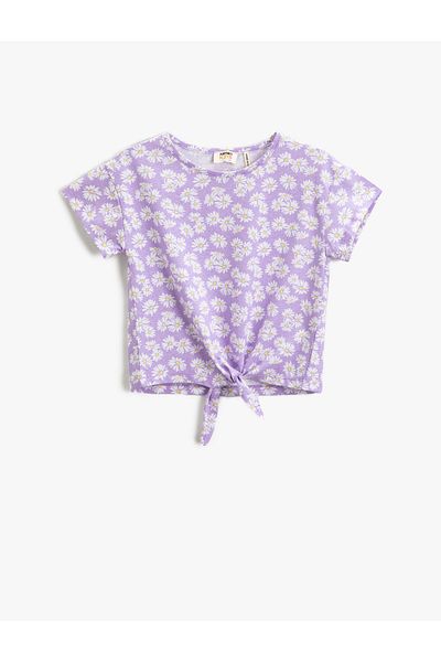 Koton Tricou cu flori cu detaliu cravată în față, mânecă scurtă, gât rotund