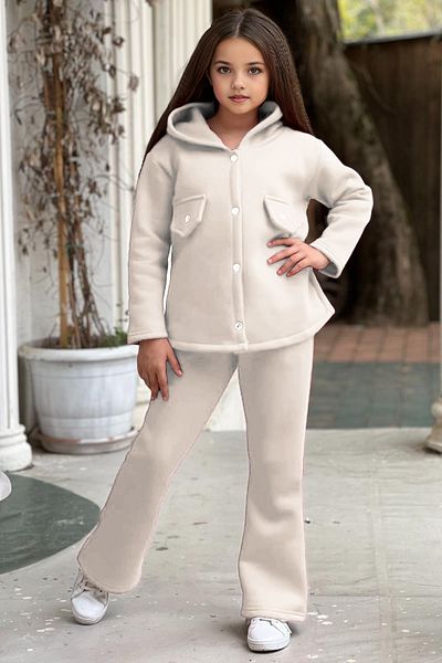 FEEL STYLE Σετ φόρμας 3 κλωστών Fleece για κορίτσια - Φαρδιά πόδια, κουμπωτά