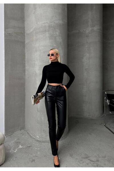 Olcay Black Skinny Fit Leather Look Trousers - Stitching Detail 7562