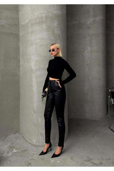 Olcay Black Skinny Fit Leather Look Trousers - Stitching Detail 7562
