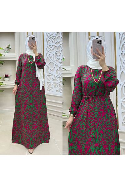 Zeynep Butik Women's Hijab Seasonal Waist Belted Woven Viscose Dress 1298