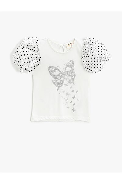 Koton T-Shirt mit Ballonärmeln, aufgedruckten Tupfen und Tülldetails