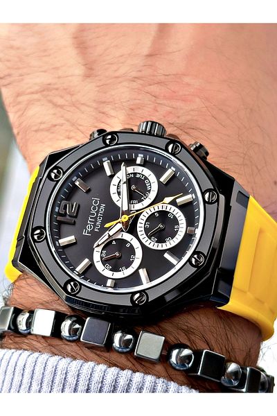 Ferrucci Yellow Color Silicone Sports Men's Wrist Watch + Bracelet with Gift