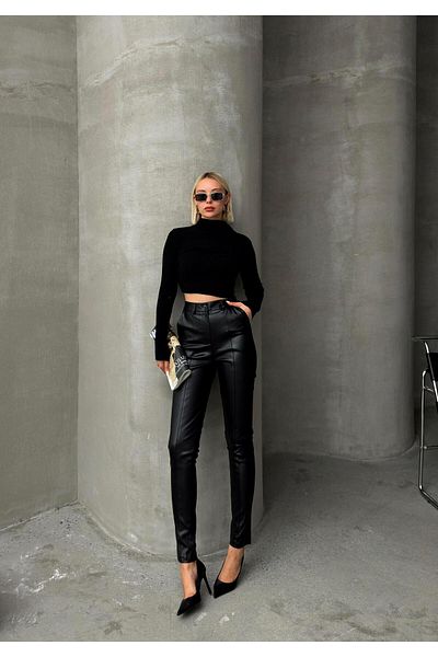 Olcay Černé kalhoty Skinny Fit s koženým vzhledem - Detail prošívání 7562