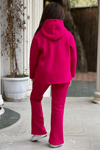 FEEL STYLE 3 Iplik Şardonlu Kışlık Bol Paça Alt Üst Kız Çocuk Eşofman Takımı Çıtçıtlı Polarlı