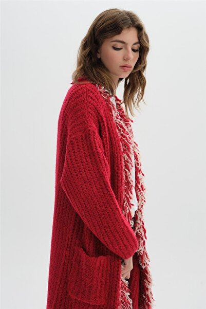 SHERIN Red Long Tasseled Sweater Cardigan