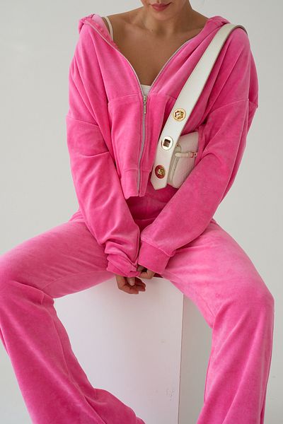 LOOSH Women's Pink Zip-Up Sweatshirt Wide-Leg Pants Velvet 2-Piece Tracksuit Set