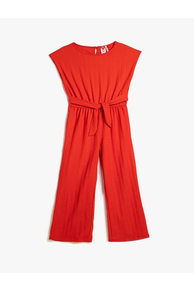 Koton Full Length Sleeveless Jumpsuit with Round Neck and Belt Detail