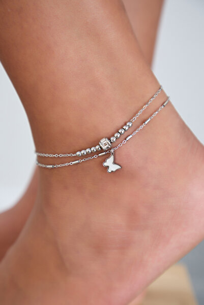 Lina Tia Kadın Çift Zincir Halkalı Kelebek Sallantılı Boncuklu Zirkon Taşlı Model Gümüş Kaplama Çelik Halhal