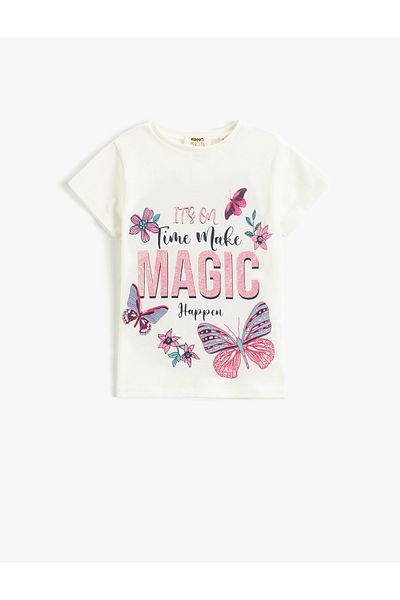 Koton T-shirt Crew λαιμόκοψη κοντό μανίκι πεταλούδα εμπριμέ βαμβακερό