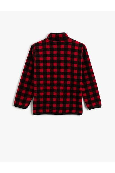 Koton Fleece Cardigan Plaid Stand Collar Zipper Long Sleeve