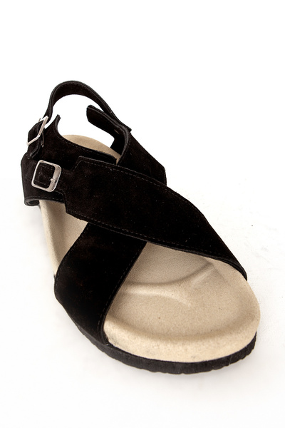 Dericlub Genuine Suede Leather Black Sandals - Double Buckle, Banded Zy 7541