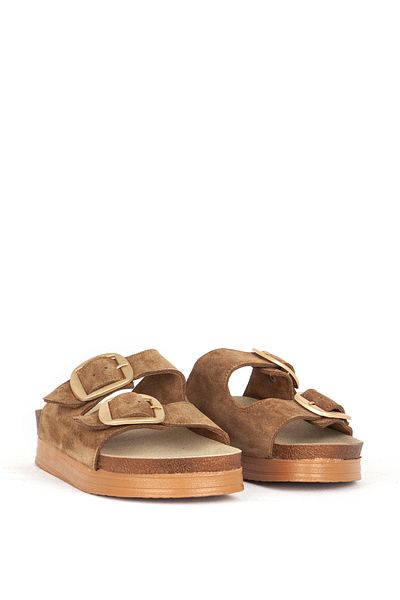 Dericlub Tan Suede Leather Women's Slippers - Double Banded and Buckle Zy 7774