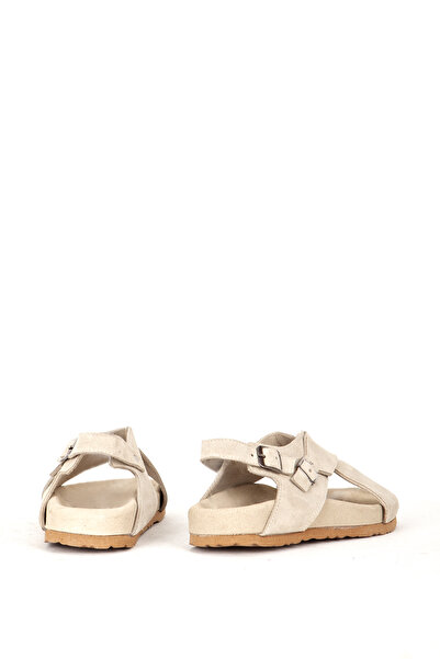 Dericlub Beige Women's Suede Leather Sandals - Double Buckle, Banded Zy 7541