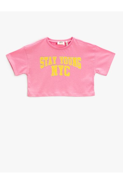 Koton Crop T-Shirt Printed Short Sleeve Crew Neck