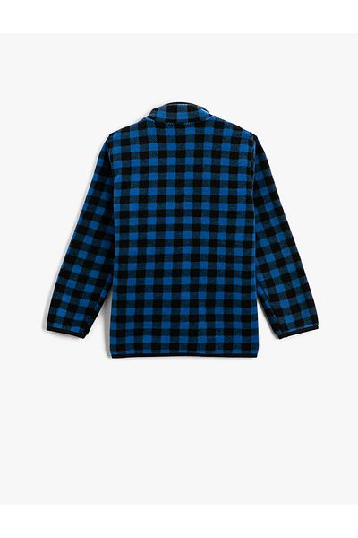 Koton Fleece Cardigan Plaid Stand Collar Zipper Long Sleeve