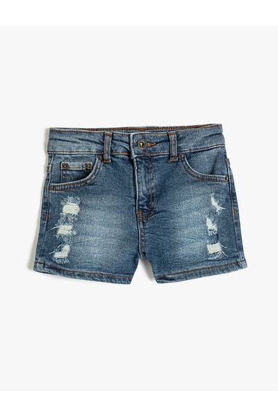 Koton Denim Shorts Frayed Detailed Pockets Cotton Adjustable Elastic Waist