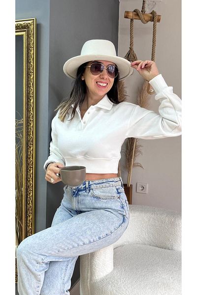 KILIÇ MODA Ecru Shirt Collar Long Sleeve Slippers Crop