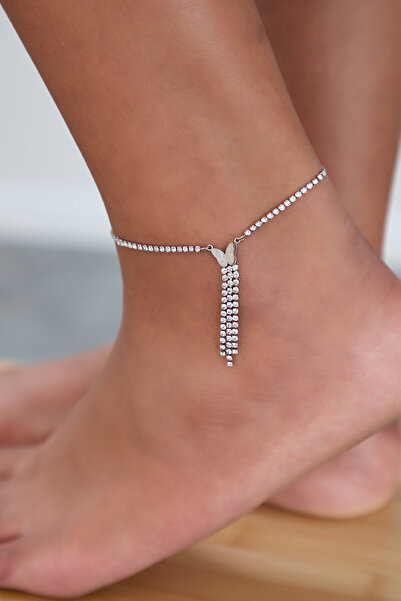 Lina Tia Kadın Tek Sıra Kelebek Figürlü Saçaklı Sallantılı Model Zirkon Taşlı Gümüş Kaplama Çelik Halhal