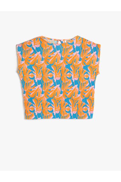 Koton Tricou plisat cu model floral, cu mânecă scurtă, cu gat
