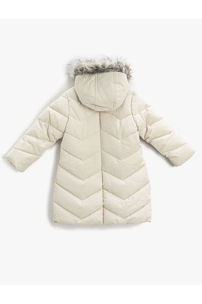 Koton Quilted Long Coat Padded Faux Fur Detailed Hooded Buttoned
