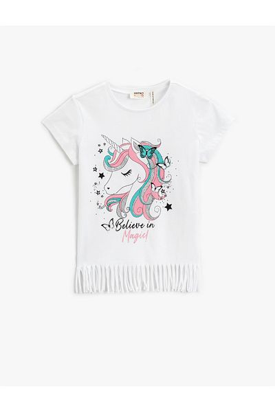 Koton Unicorn Printed Tassel T-Shirt Short Sleeve