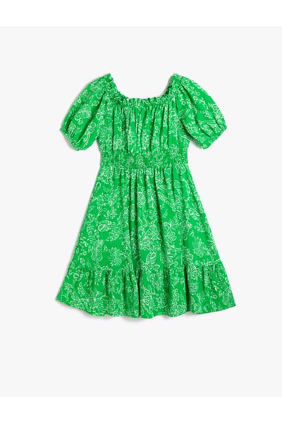Koton Midikleid mit Blumenmuster, schulterfreien Ballonärmeln, elastischen Kaskadenrüschen