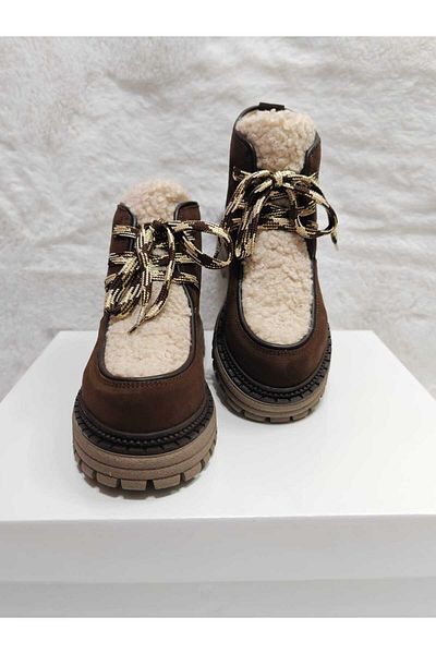 Butik merrline γνήσιο δέρμα σουέτ γούνινο κορδόνι μπότες καφέ