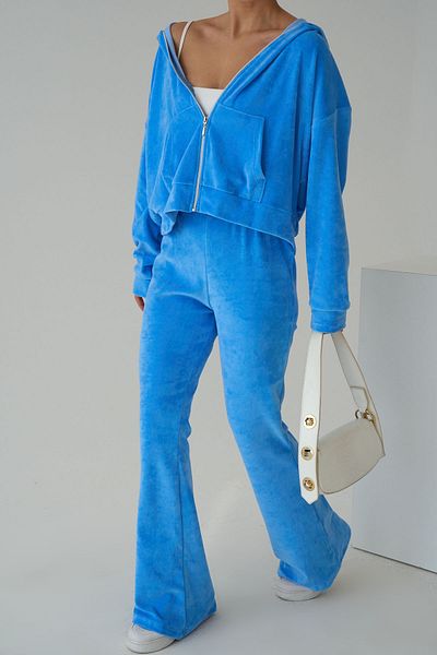 LOOSH Women's Blue Zip-Up Sweatshirt Wide Leg Pants Velvet 2-Piece Tracksuit Set