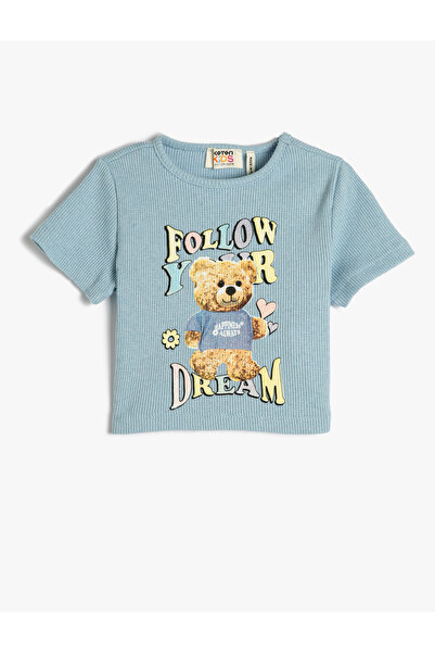 Koton Crop Tričko s krátkým rukávem Crew Výstřih Potištěný Žebrovaný