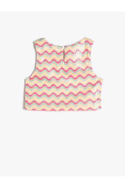 Koton Crop Top mit Pailletten und Stickerei, ärmellos, Rundhalsausschnitt