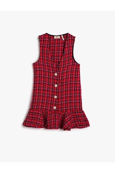 Koton Tweed Gilet Dress Buttoned Voluminous Sleeveless V-Neck