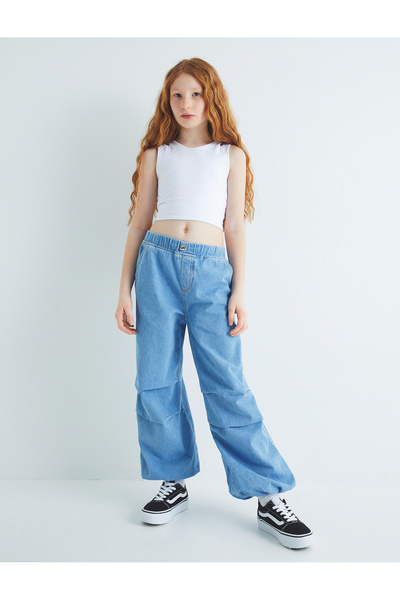 Koton Pantaloni Parachute Jogger Denim Buzunar din Bumbac Elastic în Talie - Blugi Parachute